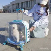 🐱熱銷免運 可開髮票🐱 貓狗行李箱大容量車載拉桿箱 兩衹網紅透明貓咪狗太空艙便攜車外出 貓咪拉桿箱 寵物航空箱外出箱