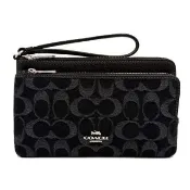 【COACH】C LOGO牛仔布長夾式雙層大手拿包/零錢包(牛仔黑)