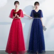 林之舍家居 【樂天精選】大合唱團演出服女長裙紅色指揮主持人晚洋裝年會朗誦紅裙表演服裝
