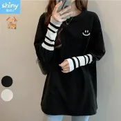 街頭潮流．純色微笑圖案保暖德絨寬鬆長袖上衣-shiny藍格子【V3894】