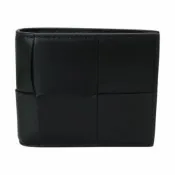BOTTEGA VENETA  Intreccio 粒面小牛皮對折短夾(黑x綠邊)