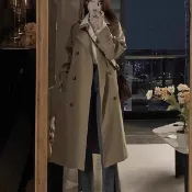臺灣出貨~長袖外套女 外套女高級感 卡其色風衣秋 流行小個子中長款大衣 翻領肩章設計 腰帶可收束腰身 挺括抗皺面料 通勤