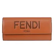 【FENDI 芬迪】Roma 經典LOGO壓花牛皮翻蓋長夾(焦糖棕)