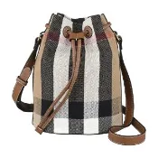 【BURBERRY 巴寶莉】BURBERRY內裡燙金LOGO格紋帆布拼接牛皮束帶式肩背/斜背水桶包(小/灰x棕)