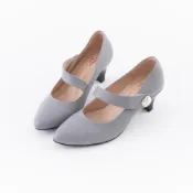 (店+)【DREAMS SHOP】瑪莉珍_MIT真皮魔鬼氈貝殼尖頭高跟鞋 銀灰 大尺碼女鞋37-45