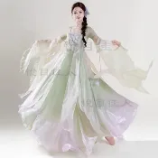 現貨  古典舞蹈服女飄逸漸變紗衣練功服中國舞演出服仙氣連衣裙大裙擺