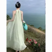 會琴服飾 韓版 ins風  立領連衣長裙 洋裝 國風旗袍改良寬鬆無袖綠色大擺裙女夏季度假碎花雪紡連衣裙