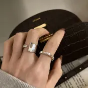 日韓同款小眾設計感串珠小石頭銀戒指女潮食指戒時尚輕奢個性碎銀幾兩