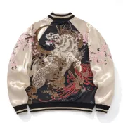 中國風麒麟繡花夾克外套春秋季橫須賀重工刺繡棒球服男女上衣櫻花神獸繡花外套