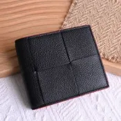 BOTTEGA VENETA 新版大編織牛皮撞色對開6卡短夾(黑紅)