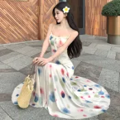 雪梨·Sydney❤️夏日水彩吊帶連身裙 洋裝女春夏小個子長款不規則裙擺魚尾裙子