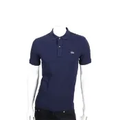 【LACOSTE】Slim Fit 深藍色網眼修身短袖POLO衫(男裝 上衣 純棉)