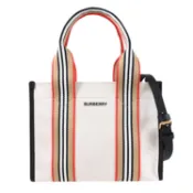 【康是美官方網購】BURBERRY 8121493 燙印LOGO條紋織帶兩用帆布包.米/黑邊