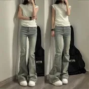 【D.studio】韓版高腰淺色微喇牛仔長褲 喇叭褲 寬褲 牛仔褲 褲子 長褲 休閒褲 夏季女裝 拖地褲 P430