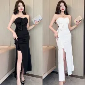 抹胸晚禮服女高級感白色小衆輕奢高端聚會主持車模年會魚尾裙 洋裝 正韓 禮服 連身裙 包臀裙