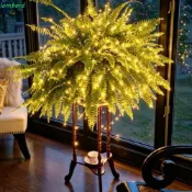 LOMBARD 發光波士頓蕨類植物帶燈,24 片葉子暖光 LED 人造波士頓蕨類植物,免維護防褪色塑料逼真懸掛花園蕨類植