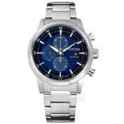 CITIZEN / 亞洲限定款 光動能 日期 防水100米 不鏽鋼手錶 藍x銀 / CA0610-52L / 43mm