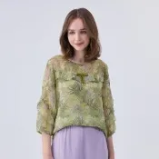 【ILEY 伊蕾】精緻緞帶雪紡印花七分袖上衣(綠色；M-XL；1242161441)