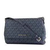 MICHAEL KORS 緹花LOGO防刮皮革磁吸翻蓋斜背包-海軍藍