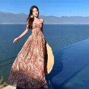 法式復古旅行度假碎花雪紡抹胸長裙女裝緊身一字領印花無袖露背中長款A字洋裝