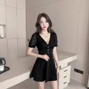 性感深V低胸純慾氣質蕾絲大擺收腰短款連衣裙夜場店上班女裝 洋裝 正韓 禮服 連身裙 包臀裙