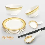 【陶杯杯】宴王組合 飯碗甜湯碗筷架6cm平盤湯匙 AS03-13[金百合]擺宴 供奉 禮佛 餐具餐盤 碗盤杯筷 台灣現貨