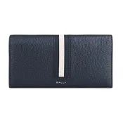 BALLY Ribbon 燙銀LOGO藍白藍條紋設計小牛皮8卡對折長夾(深藍)