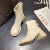 Cinderella 秋冬百搭高跟黑色皮靴粗跟網紅瘦腿靴短靴單靴  馬丁鞋 馬丁靴女 綁帶短筒馬丁靴 中筒馬丁靴 增高靴