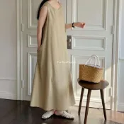 (店+)【FEE BABY】棉麻背心休閒長洋裝洋裝 有口袋 連身裙 渡假洋裝 女裝 女洋裝 寬肩帶 寬鬆 韓系服裝 孕婦 駝色 黑色 灰色 綠色 卡色