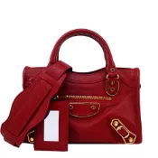 【康是美官方網購】BALENCIAGA 巴黎世家 Metallic Edge Mini City金釦機車包(紅色) / 展示品