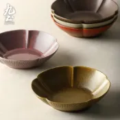 九土手工粗陶花瓣深盤手工餐具碗盤器皿九土餐具復古餐具甜點盤花邊盤造型盤子造型餐盤手工餐盤水果盤沙拉盤陶瓷盤CJR0515