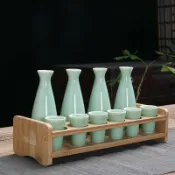 全球選品1館 生活百貨 家用白酒分酒器青瓷酒具套裝古陶瓷酒壺一口杯小酒盅帶託盤架子