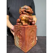 【通天寶】天然壽山石【獅鎮守】雙色料 色澤潤麗 宮廟印 玉石印章 官印大印 開運印章 玉璽鎮宅 神明印章