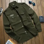 協貿國際日用品生活館 二戰德軍純棉休閑軍裝軍綠色秋裝襯衣長袖襯衫工裝大碼男透氣襯衫