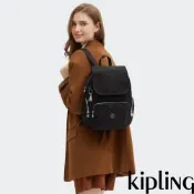 『猴子包』Kipling 黑色提花掀蓋拉鍊後背包-CITY ZIP S