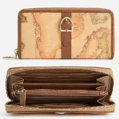 【Alviero Martini】義大利地圖包 皮革釦環裝飾 12卡拉鍊長夾19cm-地圖黃x咖啡色(皮夾 地圖紋 零錢)