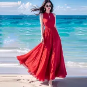 【法式超仙氣質高級感】紅色修身顯瘦沙灘裙 海邊度假裙 大裙擺 多巴胺夏季新款雪紡連衣裙 洋裝 洋裝長裙 海邊洋裝 紅色洋