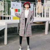 外套 大衣 毛外套 實拍 學院風氣質中長款雙排扣大翻領格紋毛呢大衣M079125