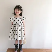 【懞派帝】女童短袖波點連衣裙夏季新款韓版女孩泡泡袖露背可愛公主裙潮 韓版連衣裙 夏季洋裝 女童A字裙 波點連身裙