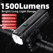 Rockbros 自行車燈 1500 流明 Ipx6 防水智能感應可充電頭燈前燈 Type-C MTB 自行車手電筒自行