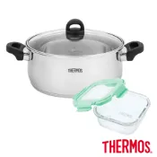 【THERMOS膳魔師】含蓋雙耳湯鍋火鍋28cm(KOP-W28N)+保鮮盒520ml(Z-GFC520S-MNT)