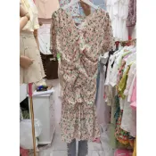 重工珍珠水鑽 荷葉花邊魚尾裙擺洋裝碎花洋裝 連衣裙  雪莉小姐【現貨】OPS200662
