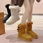 (店+)【UG 優物集】厚底蝴蝶結大碼雪地靴女秋冬休閑加絨加厚保暖高筒外穿棉鞋雪靴保暖靴毛毛雪靴防寒雪靴中筒厚底增高大尺碼寬楦無鞋帶包跟防水防滑橡膠底加厚毛內裡耐磨加固鞋頭防碰撞耐寒久站素面簡約