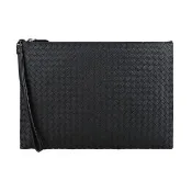 【BOTTEGA VENETA 寶緹嘉】BV BOTTEGA VENETA簡約編織LOGO設計羊皮拉鍊手拿包(黑)