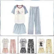 【KOTI 日安生活】免穿內衣純棉帶胸墊家居服短袖上衣+短褲+長褲三件組 (Bra冷氣房女睡衣套裝可外穿不激凸)