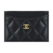 【CHANEL 香奈兒】CHANEL金字雙C LOGO荔枝菱格紋設計小牛皮3卡卡夾(黑)