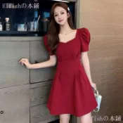 【收腰顯瘦】小個子露背A紅色連衣裙 2026新款夏法式短袖收腰顯瘦氣質小黑裙 收腰連身裙 短袖連身裙 洋裝 小個子洋裝 