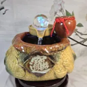 [福袋有餘] [招財進寶] [時來運轉]福袋造型流水聚寶盆 陶瓷循環流水魚缸噴泉 招財擺件