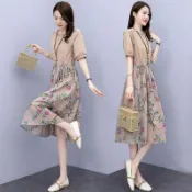 棉麻碎花拼接連衣裙女夏季薄款收腰顯瘦時尚減齡中長款大擺裙 大碼洋裝 收腰顯瘦夏季連身裙女 碎花連身裙女 夏季薄款連身裙女