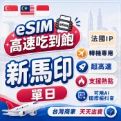 新馬印eSIM 法國ip 轉機專用 單天數 吃到飽 新加坡/馬來西亞/印尼 e-sim 上網卡 wifi 網路 網卡